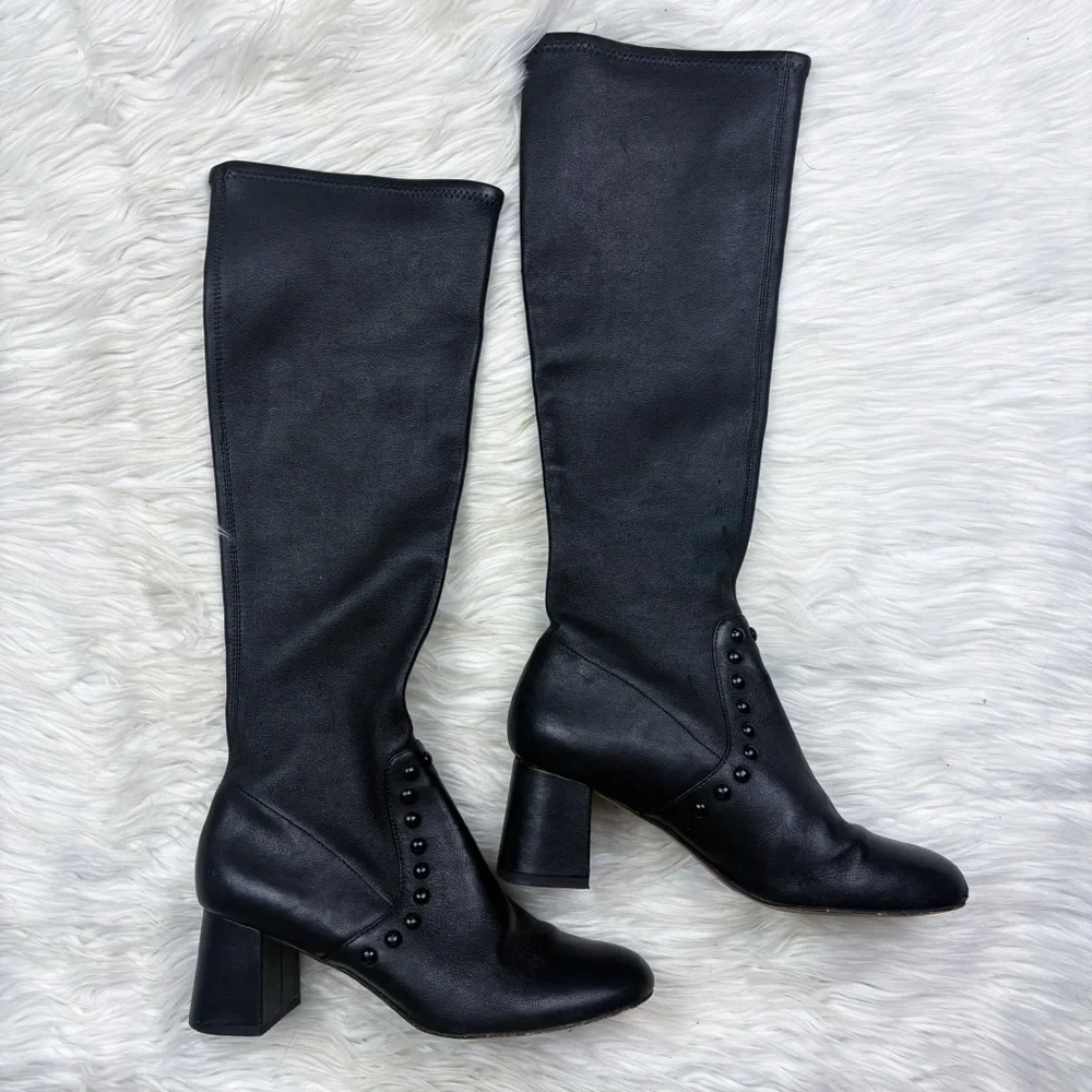Coach Britney Leather Knee High Tall Studded Sock Boot Heeled Black Size 6